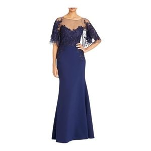 Theia Verona Semi Sheer Blue Floral Embroidered Gown Size 12